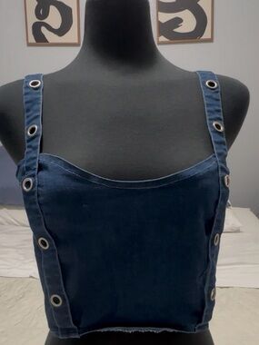Forever 21 Navy Denim Eyelet Strap Crop Top